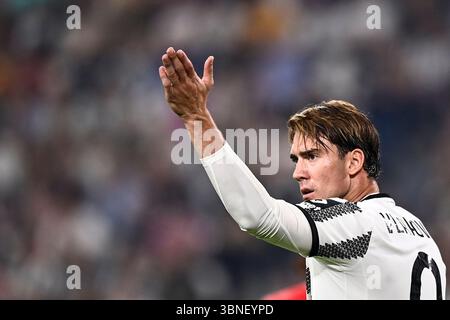 Foto Fabio Ferrari/LaPresse 14 Settembre 2022 - Torino, Italia - Sport, calcio - Juventus FC vs SL Benfica - UEFA Champions League 2022 2023 - Fase a gironi - Gruppo H - Juventus Stadium.Nella Foto: Dusan Vlahovic (Juventus F.C.); 14. September 2022 Turin, Italien Fußball Juventus FC vs SL Benfica - UEFA Champions 2022-2023 - Gruppenphase - Gruppe H - Juventus F.C. Stockfoto
