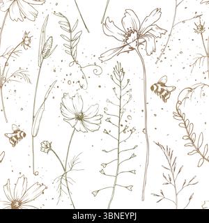 Botanisches nahtloses Muster in feiner Linienkunst mit Wildblumen, Bienen, Kräutern auf weißem Hintergrund. Elegantes und luftiges Design, perfekt für umweltfreundliche Produkte Stock Vektor