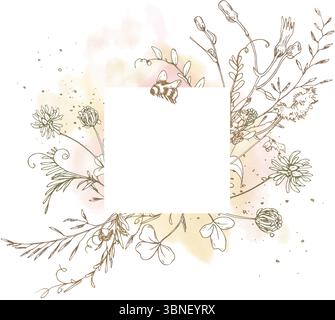 Quadratischer Blumenrahmen mit dezenten Aquarellspritzern und feinen botanischen Zeichnungen. Enthält wilde Kräuter, Blumen und Bienen. Ideal für umweltfreundliche Themen Stock Vektor