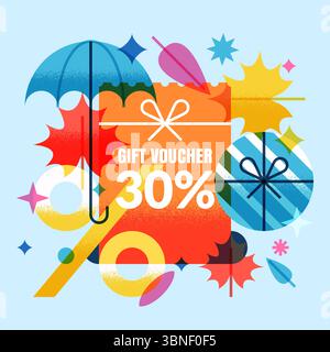 Vektor-Herbstverkaufspanner mit bunten Herbstblättern, Regenschirm und Geschenkbox. Perfekt für Poster mit saisonalen Rabatten, Promo Flyer oder Coupon Design templ Stock Vektor