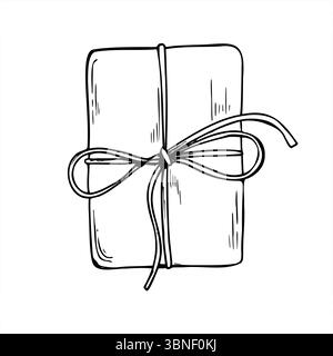 Rechteckige gewickelte Geschenkbox gebunden mit Seil monochrome Vektor-Illustration, Draufsicht. Weihnachten oder Geburtstag Geschenk Ätzen Zeichnung für den Urlaub Stock Vektor