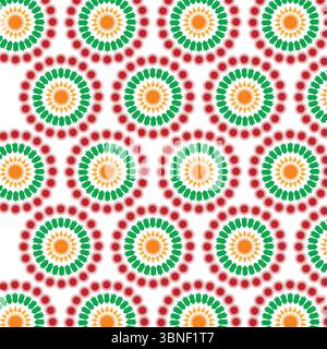 Nahtloses buntes, kreisförmiges Blumenmuster mit roten, grünen und gelben gepunkteten Mandalas auf weißem Hintergrund. Perfekt für festliche Textilien. Stock Vektor