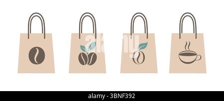 Das Vector Flat Art Set zeigt vier minimalistische Einkaufstaschen mit Kaffeematerial. Stock Vektor