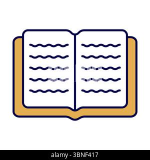 Symbol "Buch öffnen" mit stilisierten Textlinien. Diese Abbildung zeigt ein einfaches offenes Buch mit stilisierten Wellenlinien, die Text auf beiden Seiten darstellen. Stock Vektor