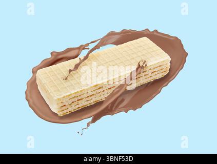 Leckere Waffeln und Schokoladenmilch spritzen in der Luft vor hellblauem Hintergrund Stockfoto