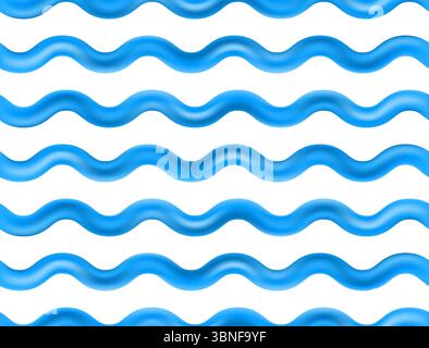 Nahtloses Muster mit wellenförmigen blauen 3D-Linien auf weißem Hintergrund. Moderne flüssige Wellenstruktur, inspiriert von Ozean- und Sommermotiven. Zum Einpacken von Papier Stock Vektor