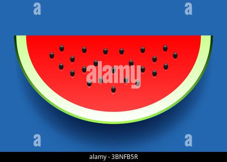 Realistische Vektor-Illustration einer saftigen Wassermelonenscheibe mit Samen auf einem blauen Hintergrund. Perfekt für Sommerthemen, Lebensmitteldesign, Verpackung, Gesundheit Stock Vektor