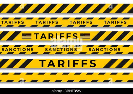 Set aus nahtlosen gelb und schwarz gestreiften Warnbändern, Wörtern Tarifs and Sanctions, einschließlich Klebeband mit USA Flagge isoliert auf weißem Hintergrund Stock Vektor