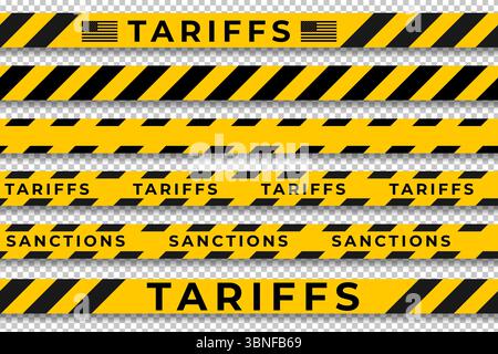 Set aus nahtlosen gelb und schwarz gestreiften Warnbändern, Wörtern Tarifs and Sanctions, einschließlich Klebeband mit USA-Flagge auf transparentem Hintergrund. Stock Vektor