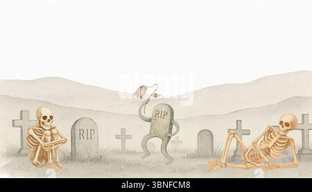 Tanzende Grabsteine und Skelette – lustige Halloween-Friedhofsszene Stockfoto