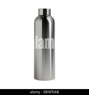 Edelstahl Wasserflasche Vektor Modell. Realistisches Design mit Thermokolben aus Metall. Tin Template für Werbekampagnen für Fitnesssport. Einfaches Modell von al Stock Vektor