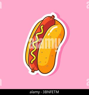 Aufkleber mit köstlichem Comic Hot Dog mit Senf auf rosa Hintergrund Stock Vektor