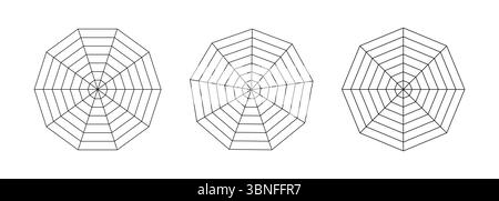 Vorlagen für Radar- und Spider-Diagramme. Set aus Spider Mesh. Polygondiagramm. Sammlung von Diagrammen für Statistik und Analyse. Leere Radardiagramme. Einfach Stock Vektor