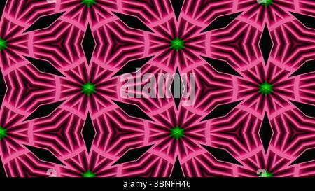 Magenta und grünes kaleidoskopisches Blumenmuster - nahtloser, fettfreier abstrakter Hintergrund für Festival-Design, Stoff und digitale Kunst Stockfoto