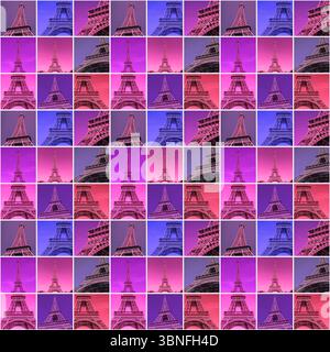 Abstraktes nahtloses Muster: Quadratische Fliesen mit Fotos des Eiffelturms in Paris in verschiedenen lila und violetten Tönen Stockfoto
