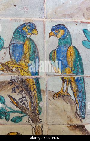 Ein lebhaftes Fresko mit zwei bunten Papageien auf Ästen in der Kirche von Gesù (Chiesa del Gesù) in Palermo, Sizilien. Die Artwo Stockfoto