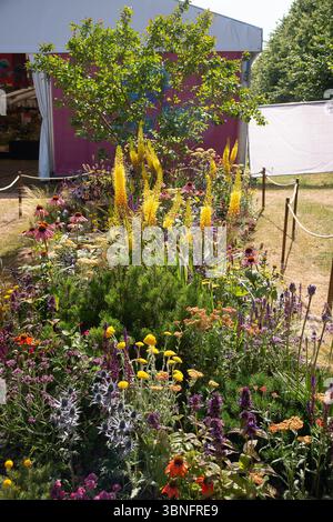 East Mosley, Großbritannien. 30. Juni 2025. Ein Pocket Planting Garden, Silbermedaillengewinner, Hot Pocket entworfen von Tom Pilgrim, gesponsert von Surrey County Council, Molesey Residents Association und Woven Wood Garden Products beim RHS Hampton Court Palace Garden Festival 2025. Eine auffällige und farbenfrohe Pflanztasche, in der Sie Zeit haben, eine Pause einzulegen, eine Barsche zu nehmen und sich wieder mit der Natur zu verbinden. Das Thema des Pocket konzentriert sich auf dürrentolerante Pflanzen, die unter heißen, trockenen und wenig fruchtbaren Bedingungen gedeihen und überleben können und gut für Bestäuber sind. Die Tasche ist inspiriert von trockenen Wiesen und Kiesgärten Stockfoto