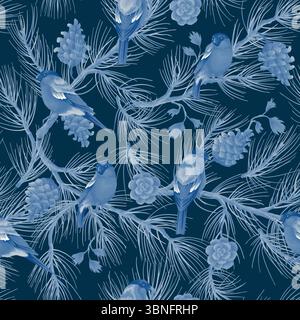 Elegantes nahtloses Vektormuster in monochromen Blautönen mit Vögeln, Kiefernzweigen, Tannenzapfen, Glocken, Beeren, holly und Winterblumen. Stock Vektor