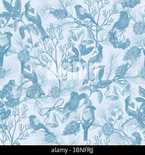 Elegantes nahtloses Vektormuster in monochromen Blautönen mit Vögeln, Kiefernzweigen, Tannenzapfen, Glocken, Beeren, holly und Winterblumen. Stock Vektor