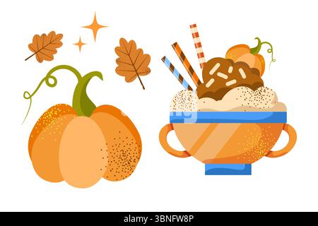 Vektor-Kürbis-Gewürz-Latte isoliert auf weißem Hintergrund. Herbstkaffee mit Schlagsahne Stock Vektor