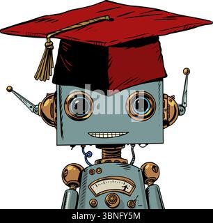 Vermittlung von KI-Wissen. Roboter mit Studentenmütze, Professorenhut. Rotes Diplom und Konkurrenz mit künstlicher Intelligenz. Stock Vektor