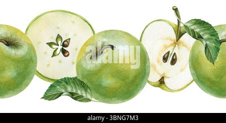 Nahtloser Rand mit grünen Äpfeln, handgezeichnet. Ein Banner mit ganzen Äpfeln und geschnittenen Früchten und grünen Blättern. Das Fruchtmuster ist Stockfoto
