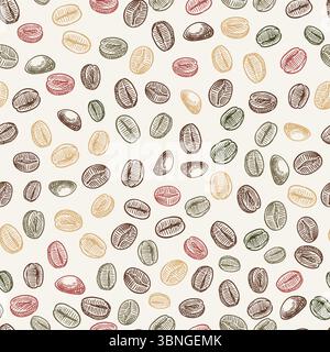 Nahtloses Muster für Kaffeebohnen. Vektorgrafik von Hand gezeichnet. Hintergrund mit farbenfrohen Körnern. Trendiges Stoffdesign, Geschenkpapier, modisches Textil Stock Vektor