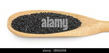 Nigella sativa oder Schwarzer Kreuzkümmel in Holzlöffel auf weißem Hintergrund isoliert Stockfoto