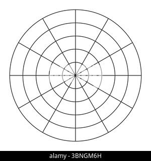 Polares Raster aus 12 Segmenten und 4 konzentrischen Kreisen. Vorlage „Rad der Lebensdauer“. Coaching-Tool. Kreisdiagramm der Balance des Lebensstils. Leeres Polardiagramm Stock Vektor