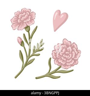 Nelkenblume mit Herz in Rosa- und Grüntönen. Hand gezeichnete Karikaturvektor-Illustration zeigt blühende dianthus im Vintage-Blumenstil. Ideal Stock Vektor