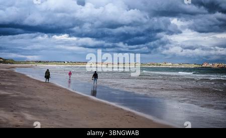 Landschaft von Menschen, die an einem riesigen Sandstrand spazieren gehen Stockfoto