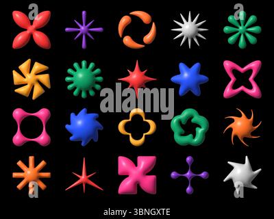 3D Y2K Brutalismus Formen und abstrakte geometrische oder futuristische Elemente, Vektorsymbole. Y2K-Brutalismus-Figuren aus 3D-farbenfrohen plastischen, brutalen geometrischen Elementen und futuristischen Techno-Formen und -Objekten Stock Vektor