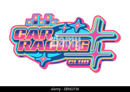 Auto Track Race Competition Retro Y2K Symbol oder Abzeichen. Formel 1 Meisterschaft Y2K Vektorzeichen, Geschwindigkeitsrennen Wettkampfsymbol. Ziehen Sie das Motorsport-Symbol mit leuchtenden Neonfarben Typografie-Text Stock Vektor