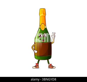 Sektgetränk mit groovigem Charakter. Jubiläumsfeier Alkohol trinken 60er Jahre lustige Vektorfigur oder isoliertes Retro-Maskottchen. Sektflasche mit fröhlichem Charakter, der die Hand mit der Hand des Friedens schiebt Stock Vektor