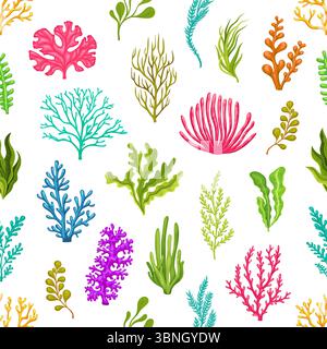 Unterwasseralgen Algen Pflanzen nahtloses Muster. Geschenkpapier und nahtloser Textildruck mit Unterwasserpflanzen. Stoffmuster oder Hintergrund mit Ozean- oder Meereskorallenriff bunten Algen Algen Stock Vektor