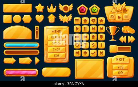 Golden Interface Spielschaltflächen, ui, gui-Elemente. Vector Set-Popup-Fenster mit Hauptmenü, Optionsfeld, Fortschrittsbalken, Gesundheitsskala, Richtungstasten und Anzeigen. User Icons Kit, Dashboard Spiel Asset Stock Vektor
