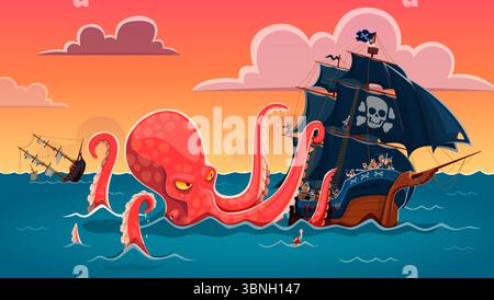 Große Kraken-Kraken-Kraken-Kraken-Wrack-Vektor-Hintergrund des Piratenschiffes. Gruselige Meeresungeheuer oder riesige Kraken-Kraken-Kraken-Tier-Zeichentrickfigur, die Korsair-Segelboot mit riesigen Tentakeln angreift. Pirate Adventure Game Stock Vektor