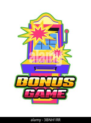Bonusspiel Casino Gamble Y2K grooviger Aufkleber oder Retro-Label. Glücksspiel 60er Jahre Vektoraufkleber, Vegas Luck Y2K Tag. Ein armiges Bandit-Jackpot-Etikett oder Patch mit Spielautomat und Typografie Stock Vektor