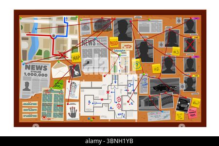 Detektivtafel, Wand mit Karte und Foto untersuchen, Zeitung und Pinnwand, Vektorkriminaluntersuchung, Innenraum des Polizeibüros. Comic Detective pi Stock Vektor