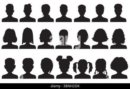 Männliche, weibliche Avatar-Profilsilhouette, Gesichter und Köpfe von Mann und Frau. Vektor-Benutzer Porträt oder Person Avatar Silhouette von Mädchen und Jungen, Social Media Menschen Avatar Standard schwarzes Bild Stock Vektor