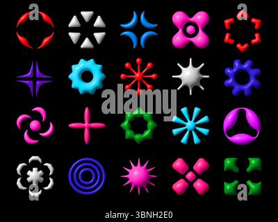 3D y2k Brutalismus Formen und abstrakte geometrische Figuren Vektorsymbole Set. Y2K fließende Farben für Sterne, Funken, Sonne und Blume, Pfeile, Moleküle und Kreis mit futuristischen grafischen Elementen mit Glanzeffekt Stock Vektor