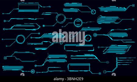 Futuristisches HUD-Display und -Bildschirm, Infofelder, benutzeroberfläche. Vektorneonleuchtende Ränder grafische Designelemente. Informationsfelder, Beschriftungen, digitale Balken für das Spielmenü, Benutzer-App-Set Stock Vektor