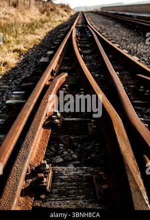 Eine Nahaufnahme eines Bahngleisschalters mit rostigen Metallschienen und hölzernen Schwellen. Stockfoto