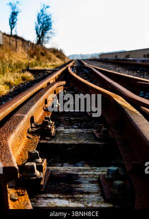 Eine Nahaufnahme eines Eisenbahngleises mit rostigen Schienen und Holzschwellen. Die Strecke teilt sich in zwei Richtungen in der Entfernung, mit einem verschwommenen Hintergrund Stockfoto