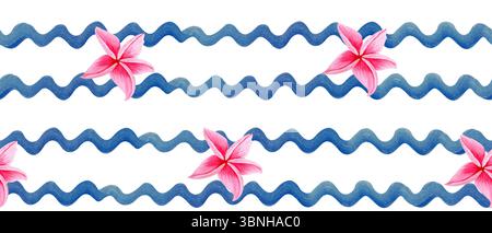 Blaue Aquarelllinien, nahtloses Muster der Frangipani-Blumen auf weißem Hintergrund. Handbemalte Wellenelemente, perfekt für marineblaues Design Stockfoto