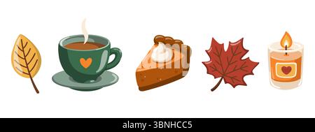 Herbst Illustration Set mit heißem Getränk in der Tasse, Kürbiskuchen, brennender Kerze und Herbstlaub. Illustration des Zeichentrickvektors Stock Vektor