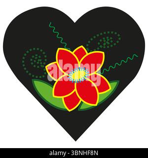 Herzstück der roten Blume. Schwarzer Herzhintergrund. Helle Blattakzente. Bunte gepunktete Spiralen. Stock Vektor