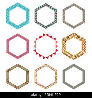Sechseckige Rahmen. Verschiedene künstlerische Stile. Dekorative Ränder mit Texturen. Ethnische und moderne Elemente. Stock Vektor