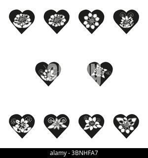 Zehn Herzformen. Jedes ist mit einer Blume versehen. Monochrome Vektordesigns. Spiraldetails mit Blumenmuster. Stock Vektor