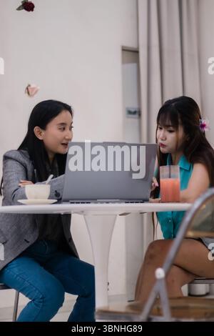 Zwei junge Frauen arbeiten an einem Laptop in einem Café zusammen und diskutieren über die Arbeit bei Kaffee und Saft. Ein modernes und ansprechendes Geschäftstreffen. Stockfoto